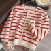 K Gold Button Contrasting Striped Round Neck Small Fragrant Style Knitted Cardigan For Women, Loose Short Style, Outer Sweater Jacket_ecoleips.com