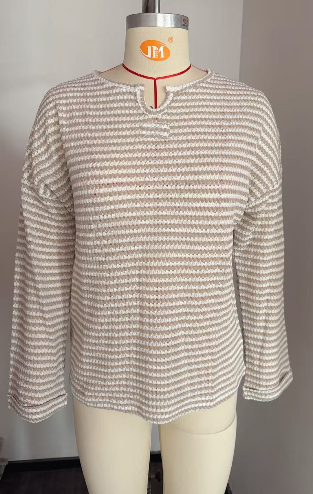 Women's Waffle Knit Stripe T-Shirt Long Sleeve Crewneck Top Soft Comfortable Fall Fashion Casual Basic Tee For Ladies_ecoleips.com