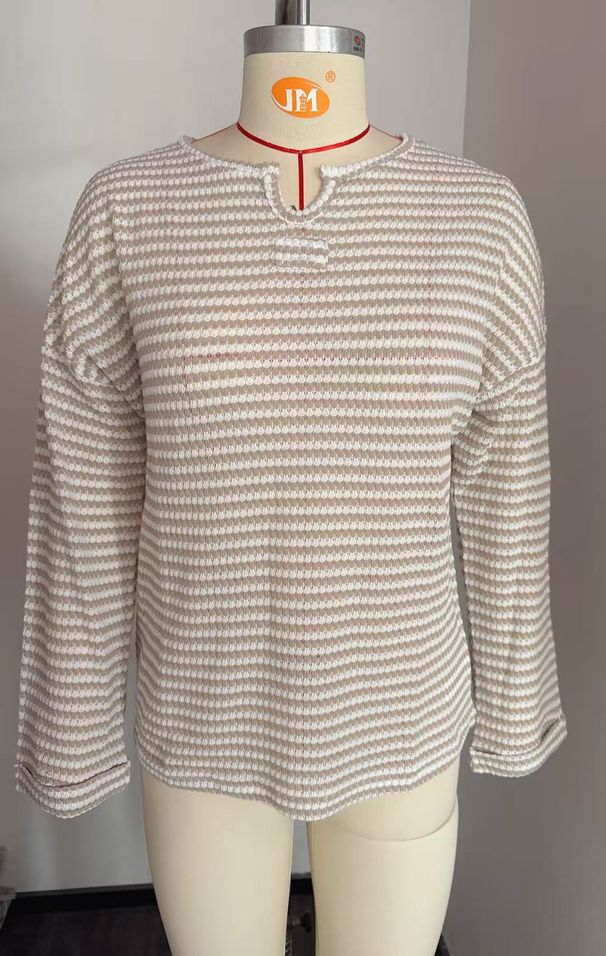 Women's Waffle Knit Stripe T-Shirt Long Sleeve Crewneck Top Soft Comfortable Fall Fashion Casual Basic Tee For Ladies_ecoleips.com