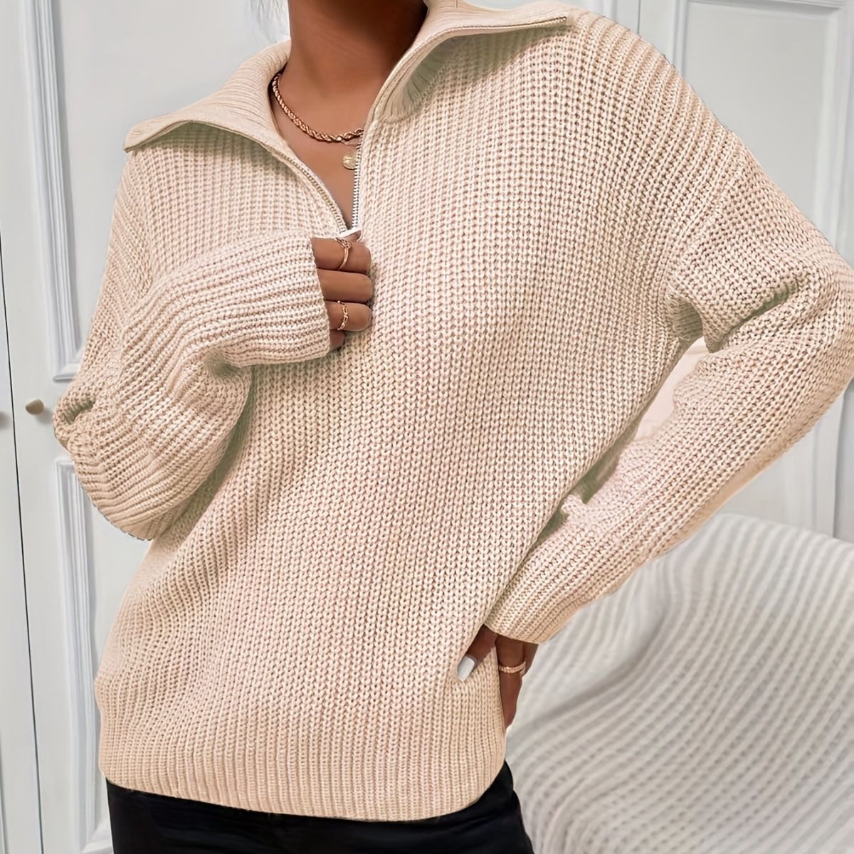 1. Autumn Winter Knitted Sweater With V-neck And Turn-down Collar, Long-sleeved Women's Clothing, Ribbed Design,_ecoleips.com