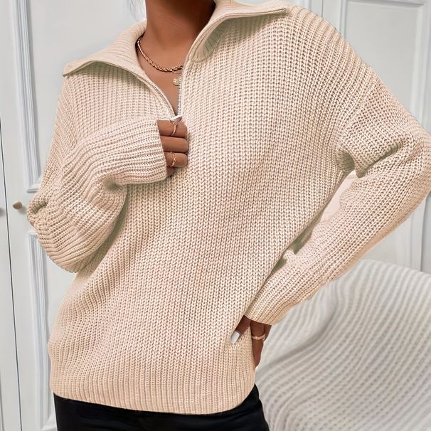 1. Autumn Winter Knitted Sweater With V-neck And Turn-down Collar, Long-sleeved Women's Clothing, Ribbed Design,_ecoleips.com