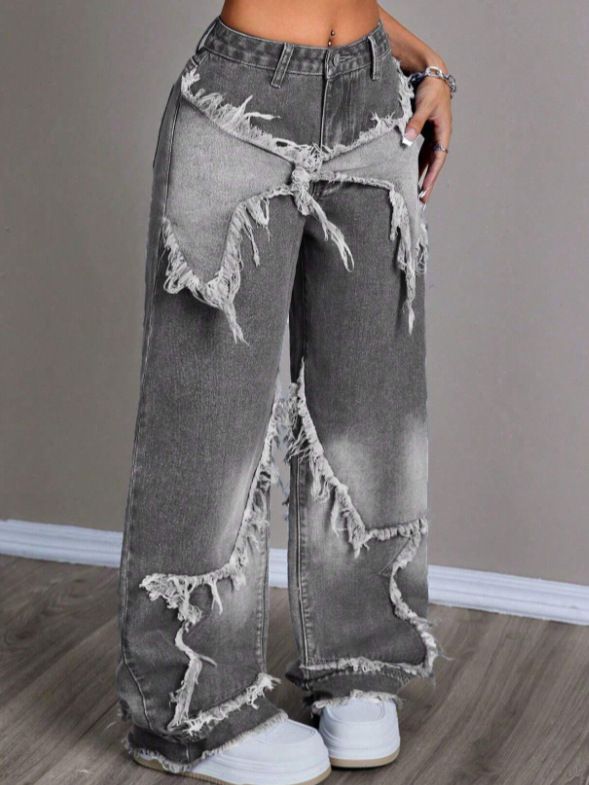 Women's Bow Decor Wide Leg Cargo Jeans, Vintage Washed Blue Denim Pants With Side Pockets, Casual Streetwear Loose Fit Trousers For Daily Wear, Trendy_ecoleips.com