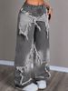 Women's Bow Decor Wide Leg Cargo Jeans, Vintage Washed Blue Denim Pants With Side Pockets, Casual Streetwear Loose Fit Trousers For Daily Wear, Trendy_ecoleips.com