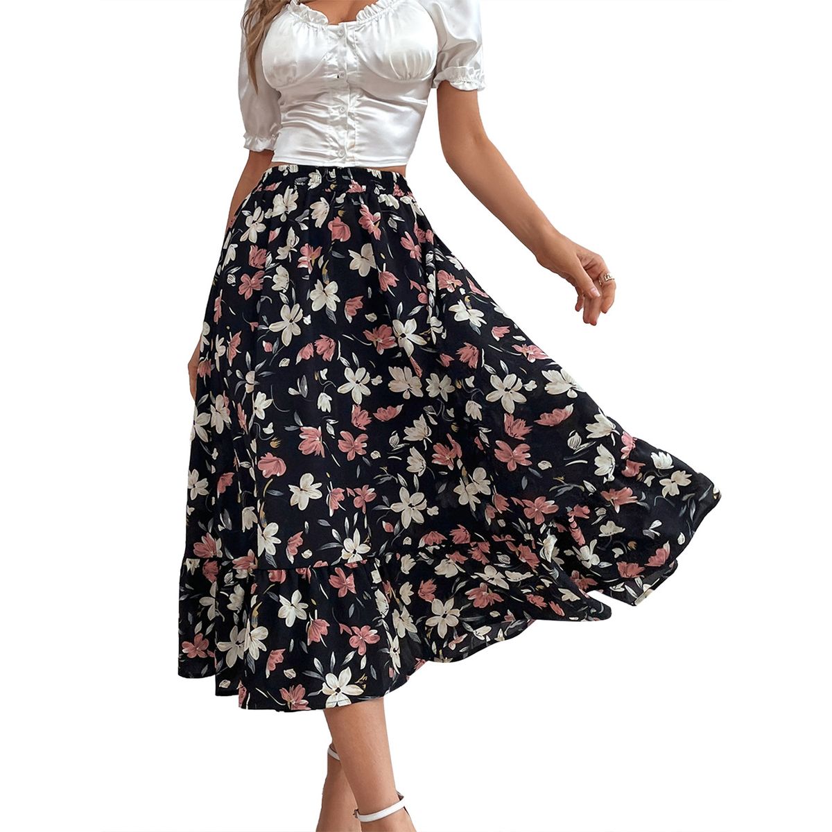 Verve 52787#Women's INS Casual Vacation Style Slimming Floral Print Flared Skirt_ecoleips.com