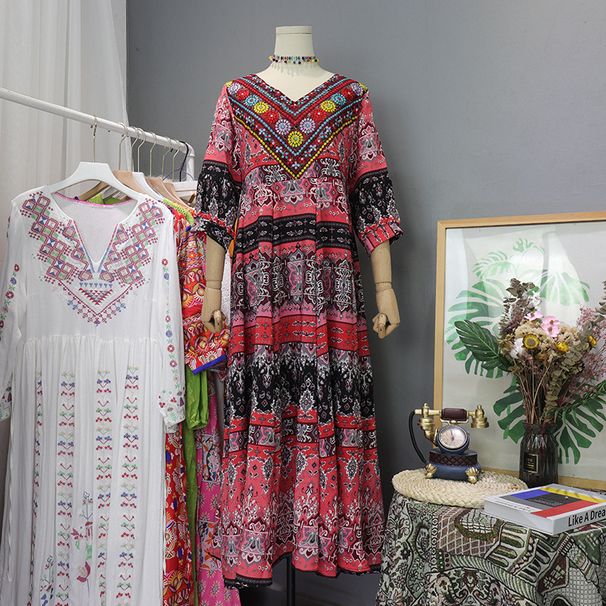 Vintage Thai Ethnic Style Long With Embroidered Collar, Waist-Cinching, Slimming Lantern Sleeves, Bohemian Flared Dress_ecoleips.com