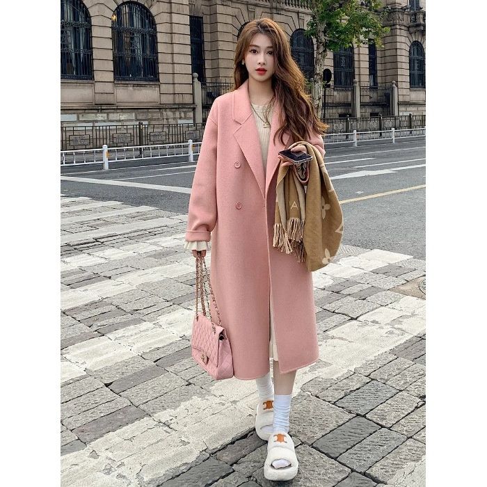 Pink Single Layer Thin For Women 2023 Autumn Winter New Korean Loose Mid-Length Hepburn Style Woolen Coat_ecoleips.com