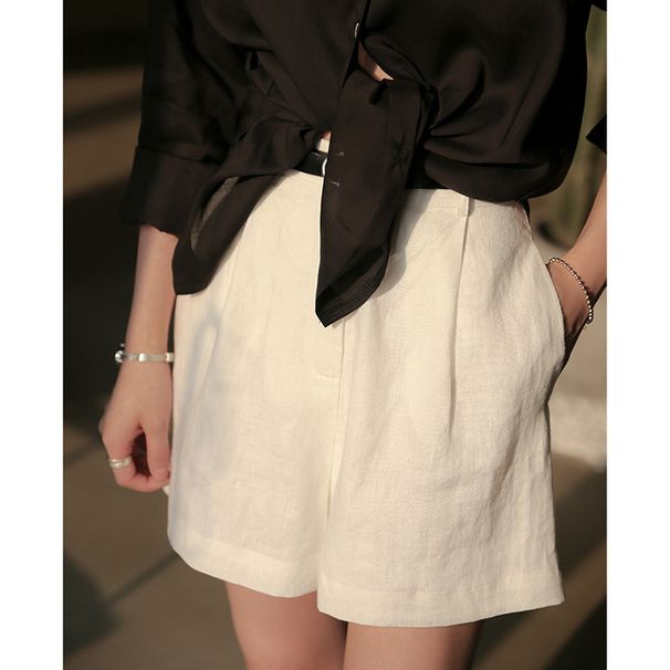 Qian Feng Women's Linen Shorts Summer Slimming Wide Leg High Waist Casual Breathable Cotton-Linen Style Commuter Pants_ecoleips.com