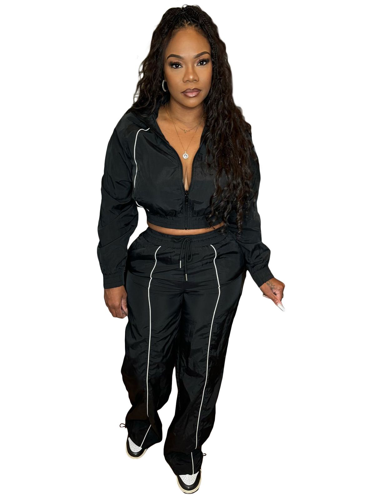 Women's Stylish Two-Piece Set - Contrast Color Striped Top & Wide Leg Elastic Waist Pants_ecoleips.com