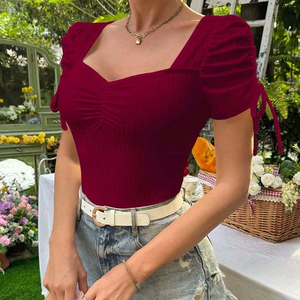 Voya Women's Square Neck Short Sleeved Burgundy T-shirt With Sweet Summer Style And Fashionable Slim Fit Short Top For Women_ecoleips.com
