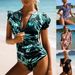 Spring Summer One Piece Swimsuit for Women European American Print Conservative Bikini Ruffles Half Coverage Beach Vacation Swimwear_ecoleips.com