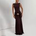 Sexy Solid Color Sleeveless Backless Slit Pleated High Waist Long Dress Women Summer Casual Evening Party Maxi Dress_ecoleips.com