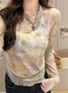 Ink Painting Print T-Shirt For Women, Spring And Autumn European Style, Slim Fit, Thin Long-Sleeve Mesh Base Shirt With_ecoleips.com