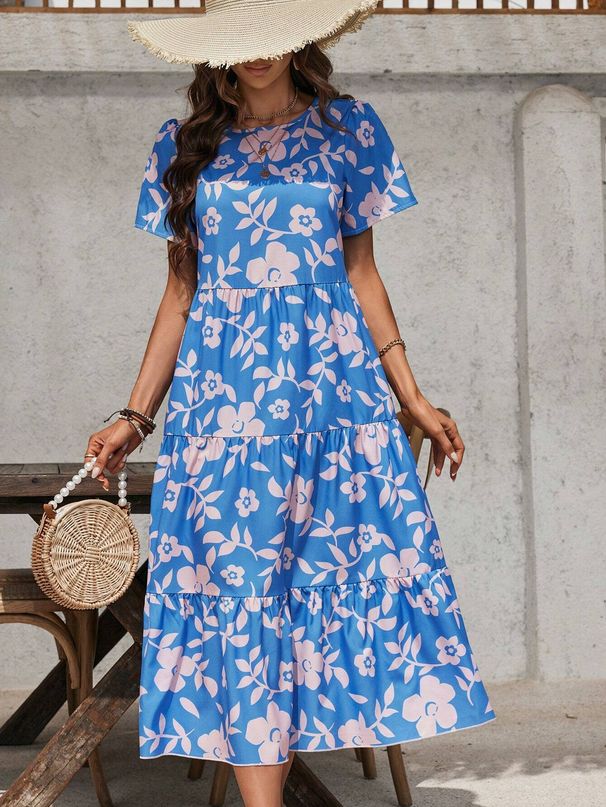 Elegant Long Dress For Women Large Floral Design Multi Layer Ruffles Blue Style_ecoleips.com