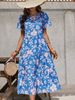 Elegant Long Dress For Women Large Floral Design Multi Layer Ruffles Blue Style_ecoleips.com