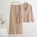 Cross new V neck single breasted metal button cardigan top wide leg pants knitted versatile two piece suit_ecoleips.com