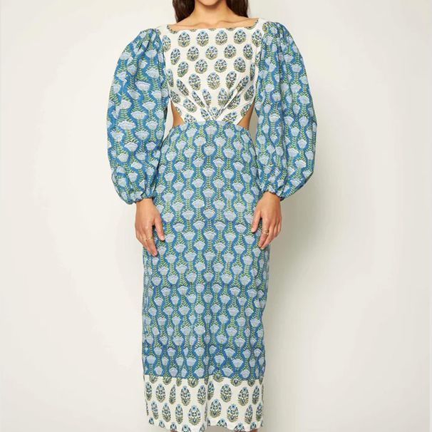 European And American Women's Clothing: Best-Selling Floral Print Contrast Color Artistic Lantern Sleeve Backless_ecoleips.com