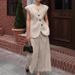Women's Clothing Fashion Khaki Waistcoat Vest Wide Leg Pants Two piece Suit_ecoleips.com