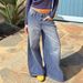 Women's Clothing High Waisted Jeans, Street Style, Solid Color, Washed Blue, With Pockets, Loose Fit, Wide Leg Pants._ecoleips.com