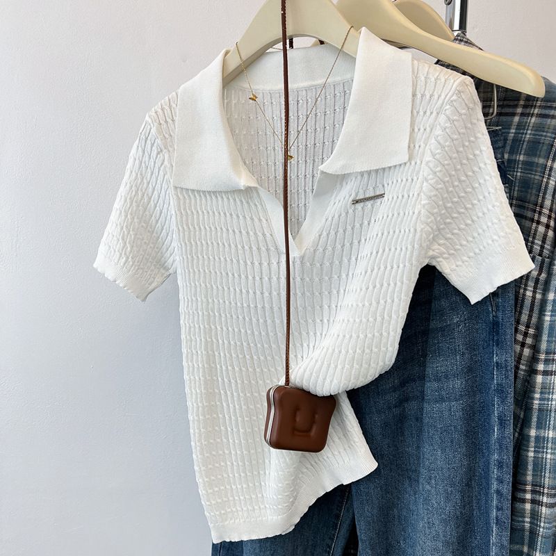 Elegant Women's Lapel Short Sleeve Knit Sweater Cable Knit Shoulder Top Summer New Arrival_ecoleips.com