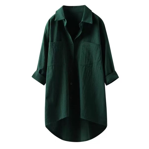 Women's Solid Color Fashion Shirt Casual Style Loose Fit Mid Length Double Pockets Cotton Linen Blend Top_ecoleips.com