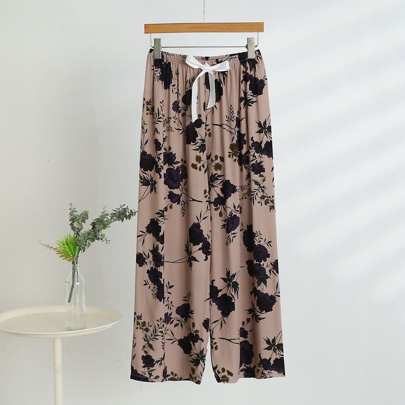 Women's Wide Leg Home Pant Vintage Printed Sleepwear Pajama Pants For Women Cotton Rayon Spring Summer Pijama Trousers Female_ecoleips.com