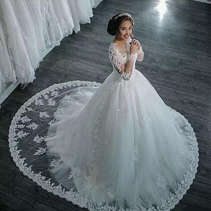 Women's Clothing Bride Round Neck Long Sleeve Wedding Dress Lace Bride Trailing Wedding Dress_ecoleips.com