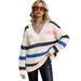 Women's Striped V-Neck Sweater – Oversized Lazy Style Pullover For Autumn & Winter_ecoleips.com