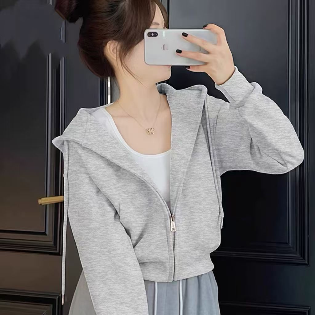 Short Hooded Sweatshirt Jacket For Women 2025 New Women's Early Autumn Zipper Cardigan Petite Top_ecoleips.com