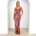 2025 Spring/Summer Women's Fashion New European And American Style Purple Printed V-Neck Long Slim Fit Sexy High-Waisted_ecoleips.com