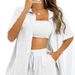 Women's Casual Loose Short Sleeve Shirt Set Single Breasted Two Piece Solid Color Fashion Shorts_ecoleips.com