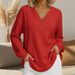 Waffle-Knit V-Neck Pullover – Long Sleeve Casual Button-Up Top For Women (Black/Navy/Red/White, Plus Sizes 4XL)_ecoleips.com