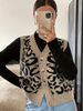V-Neck Leopard Print Cardigan Knit Sleeveless Duster (Polyester Open-Front Cover-Up, Streetwear Inspired)_ecoleips.com