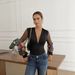 Women's Floral Embroidered Mesh Deep V-Neck Bodysuit, Slim-Fit Long Sleeve Top With Ruffle Sleeves For Date Night & Party_ecoleips.com