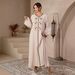 Elegant Gold-Embroidered Kaftan Dress – V-Neck Ribbon Detail Middle Eastern Muslim Abaya (Apricot, M-XL)_ecoleips.com