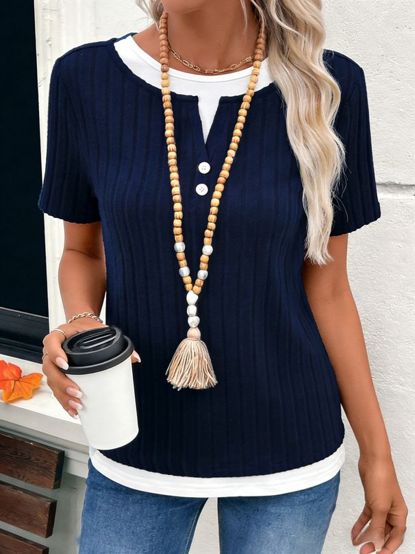 Women's Faux Two Piece Crew Neck Button Pullover Brushed Short Sleeve T Shirt Spring Summer New Arrival European American Style_ecoleips.com