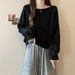 European American Style Solid Color Hoodless Long-sleeve Sweatshirt Women, Loose Slimming, Thin, One-shoulder Short Top_ecoleips.com