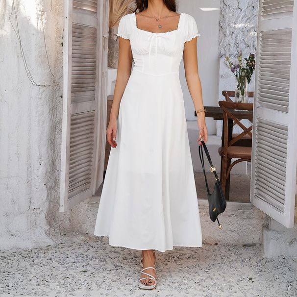 Diyun European And American Foreign Trade 2025 Spring Summer Elegant Solid Color Tie Pleated Puff Sleeve French Dress_ecoleips.com