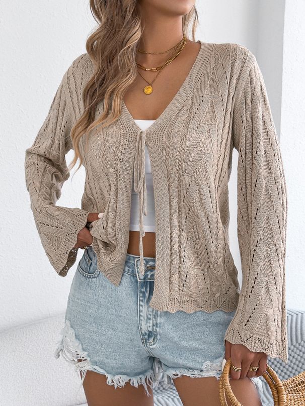 Real Shot Of Spring/summer European And American Solid Color Hollow-out Lace-up Bell-sleeve Knit Cardigan For Vacation._ecoleips.com