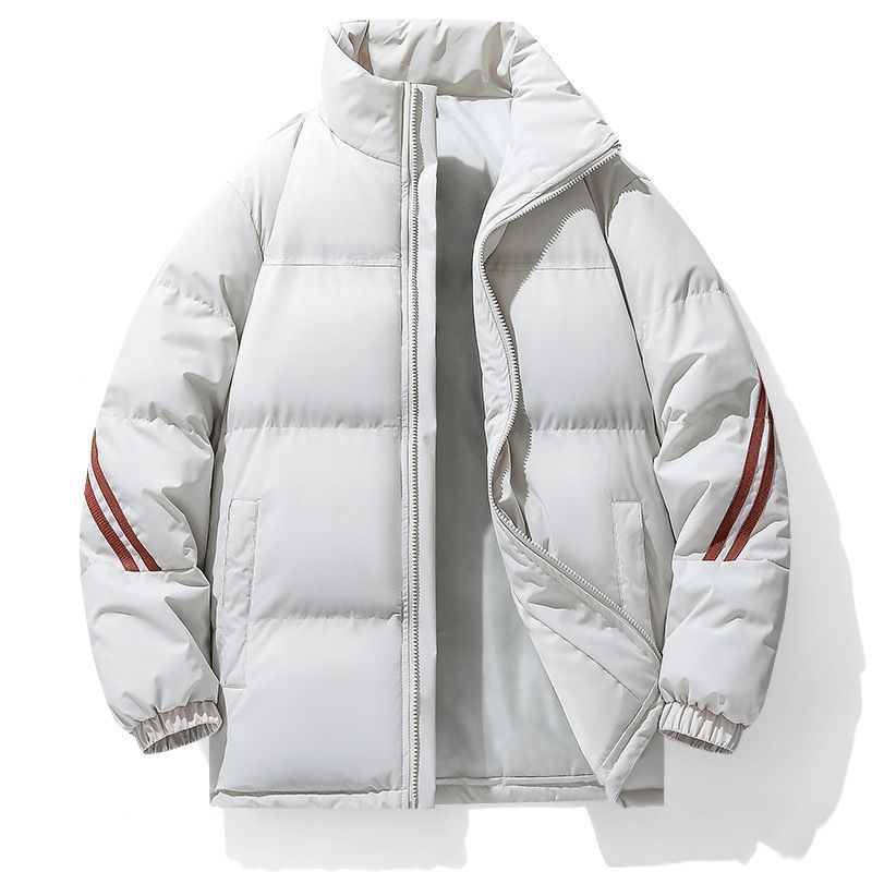 Women's Clothing Striped Winter Jacket With Stand Collar, Thickened Polyester Padded Coat For Cold Weather, Unisex Casual Outerwear (Black/White)_ecoleips.com
