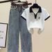 Women's Clothing Reducing Belly Covering Short Sleeved T Shirt For Women With High Waisted Denim Wide Leg Pants Two Piece Suit Ins_ecoleips.com