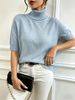 Women's New Spring And Autumn Casual Minimalist Style High-neck Short-sleeved Knit Base Layer Top, Light Blue, Soft And Loose, Versatile And Elegant Top._ecoleips.com