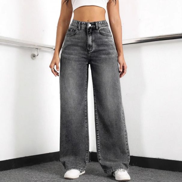 Women's Wide Leg Loose Denim Trousers Washed Effect Fashion Spring Autumn Solid Color Polyester_ecoleips.com