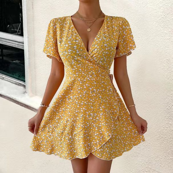 2025 Women's Dress New Cross-Border European And American Hot-Selling Sexy Floral Lace-Up Waist-Cinching Short_ecoleips.com