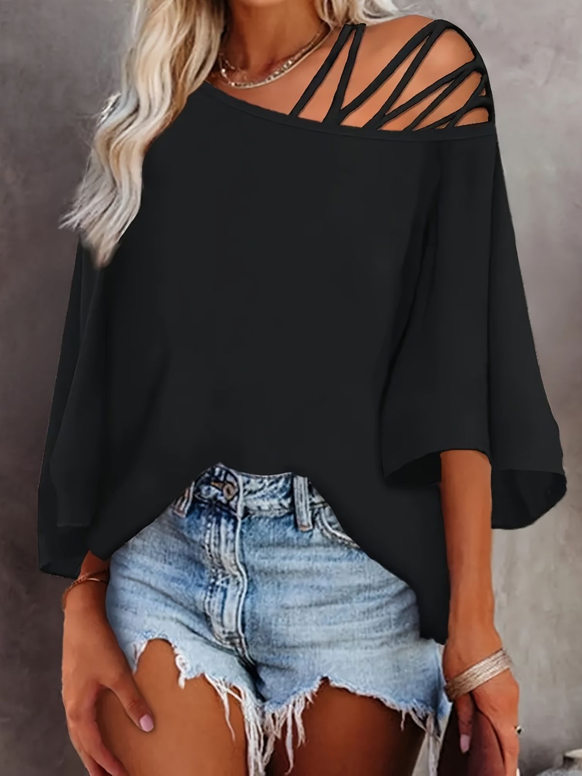 Women's Off-Shoulder Loose T-Shirts Solid Color Casual Top Polyester Cotton Tees For Autumn Winter New Style American Ladies_ecoleips.com