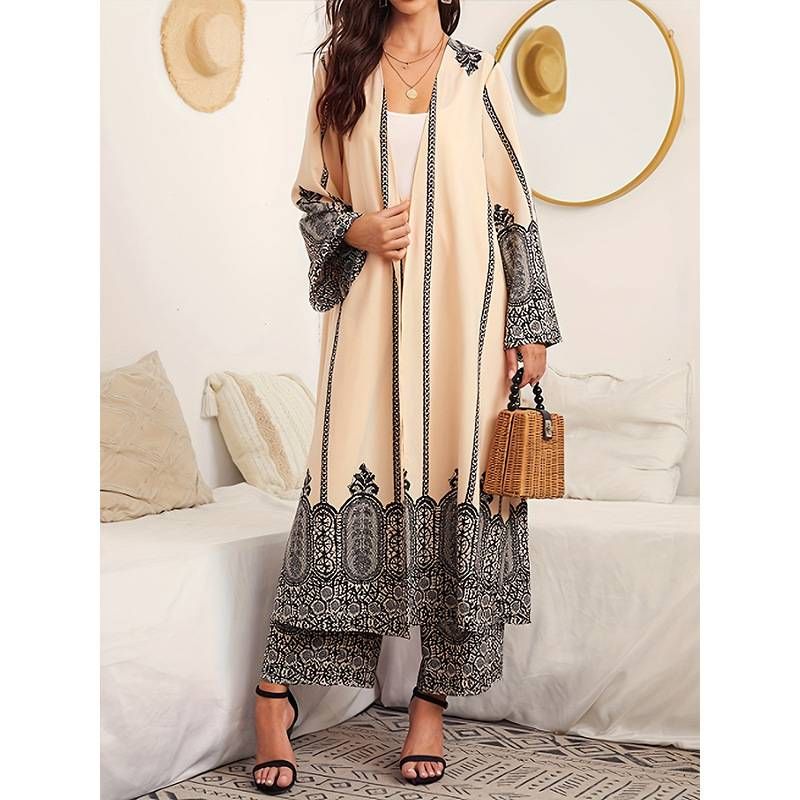 Women's Clothing Elegant Printed Coat Pants Set Ethnic Embroidered Belted Casual Outfit Muslim Sets_ecoleips.com