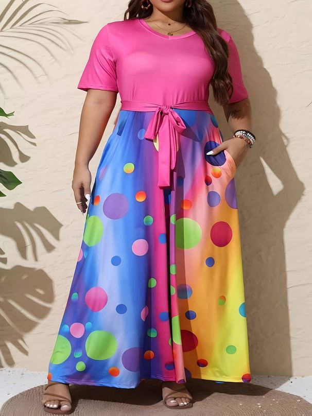 Plus Size Casual Dress For Women; Fashionable Printed Color-Blocked Dress; Short Sleeve Round Neck Fitted Waist Tie Pocket Casual Vacation Dress_ecoleips.com