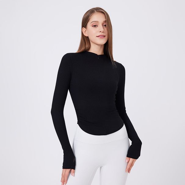 Women's Slim Waist Half Zip Long Sleeved Yoga Suit Fitness Top Pilates Training Cover Up For Autumn Polyester_ecoleips.com