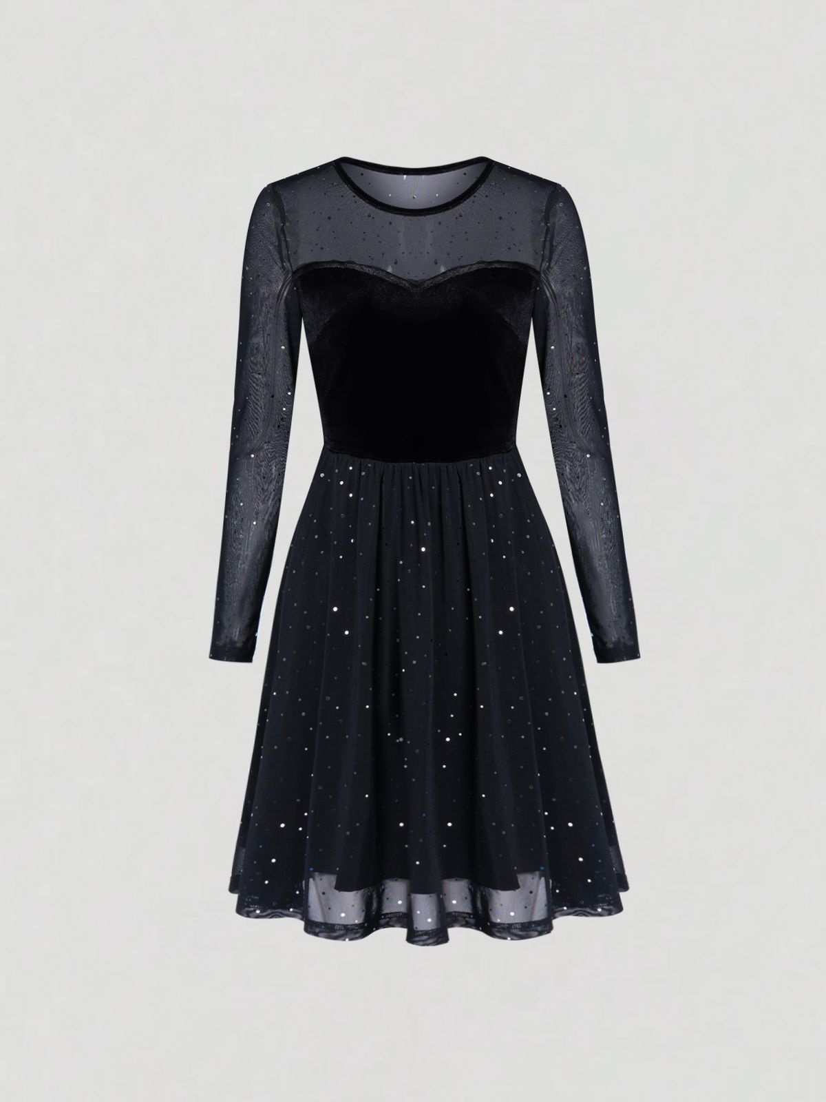 Mini Dress Spring Summer Women Black Velvet Sweetheart Neck Sheer Mesh Sequin Sleeve A-Line Sexy Sparkly Club Party Date Dress_ecoleips.com