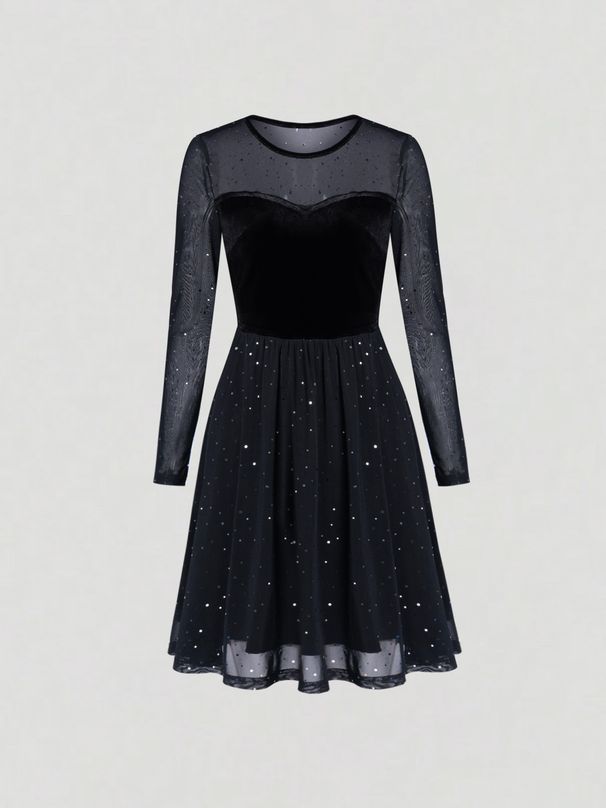Mini Dress Spring Summer Women Black Velvet Sweetheart Neck Sheer Mesh Sequin Sleeve A-Line Sexy Sparkly Club Party Date Dress_ecoleips.com
