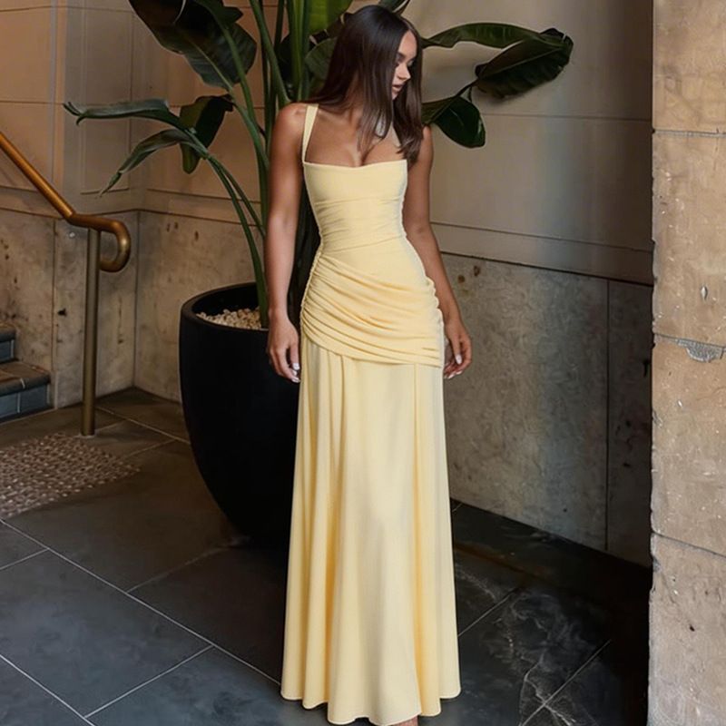 ZOEVA Fashion New Evening Dress Slim Fit Solid Color Back Strap Design Sleeveless Long Hip Wrap Dress_ecoleips.com